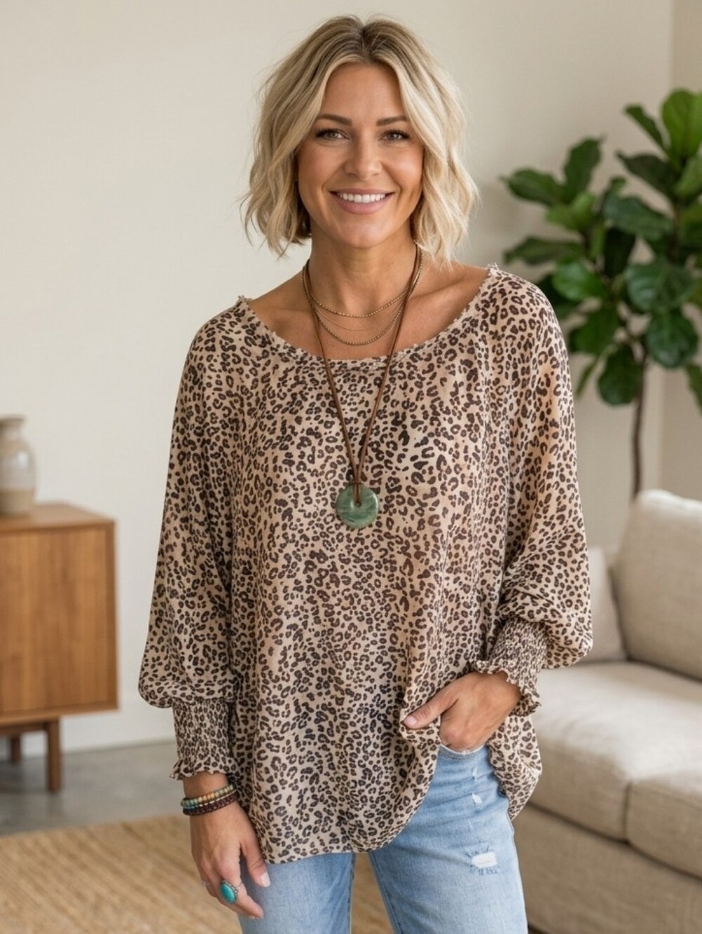 ee:some Oversized Flowy Leopard Print Balloon Sleeve Tunic Blouse Small/Med